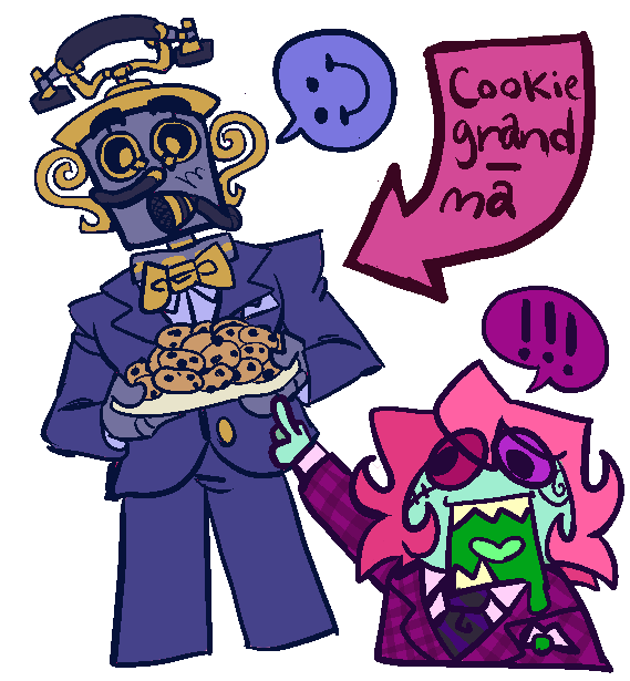 Mouthpiece from Toontown Corporate Clash holding a HUGE Pile of cookies & Prism but Sellbot is pogging